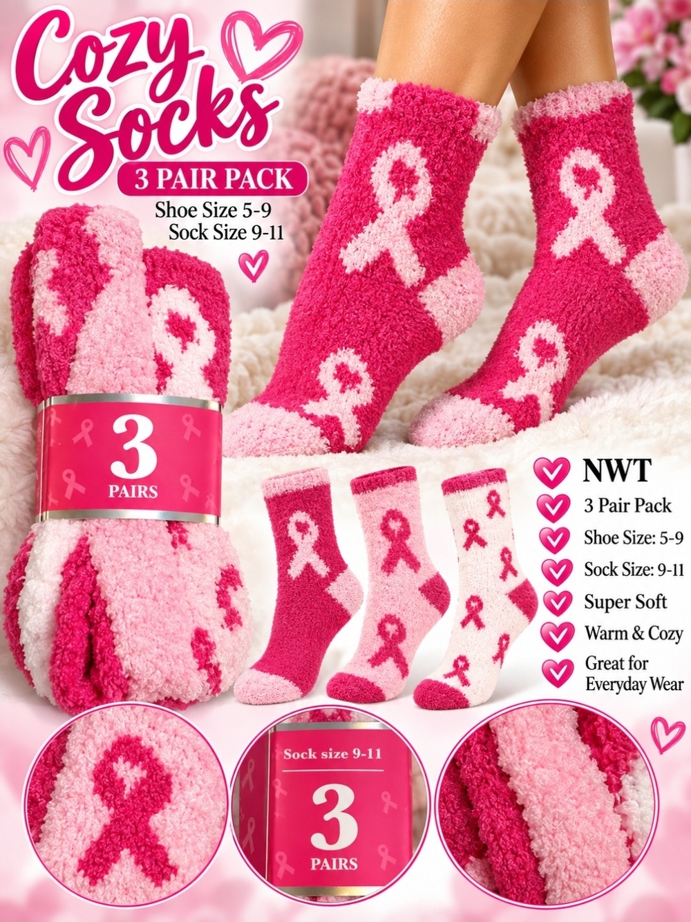 3-Pair Pack - Pink Cancer Ribbon Design